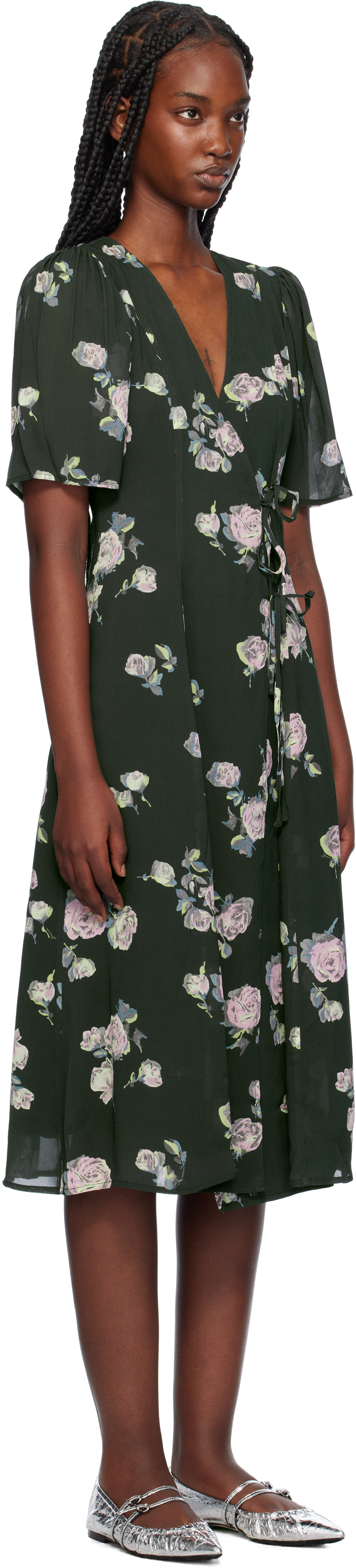 Ganni Floral-print Crepe Wrap Midi Dress In 771 Climbing Ivy