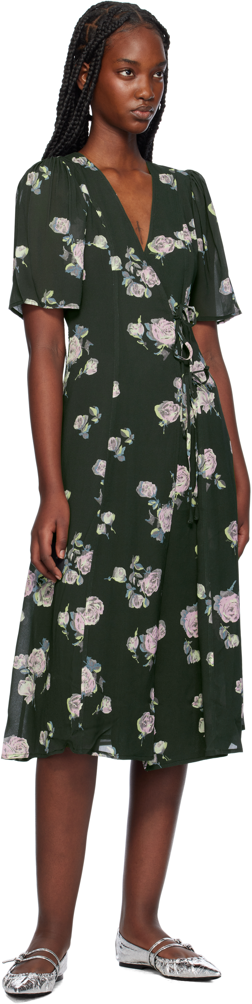 Ganni Floral-print Crepe Wrap Midi Dress In 771 Climbing Ivy