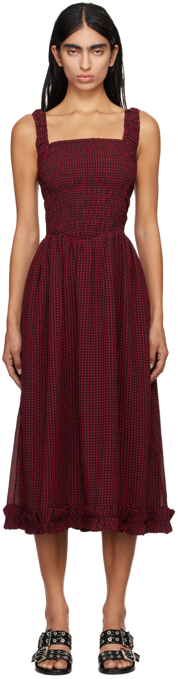 Ganni Red & Black Strap Smock Midi Dress In 047 Winery