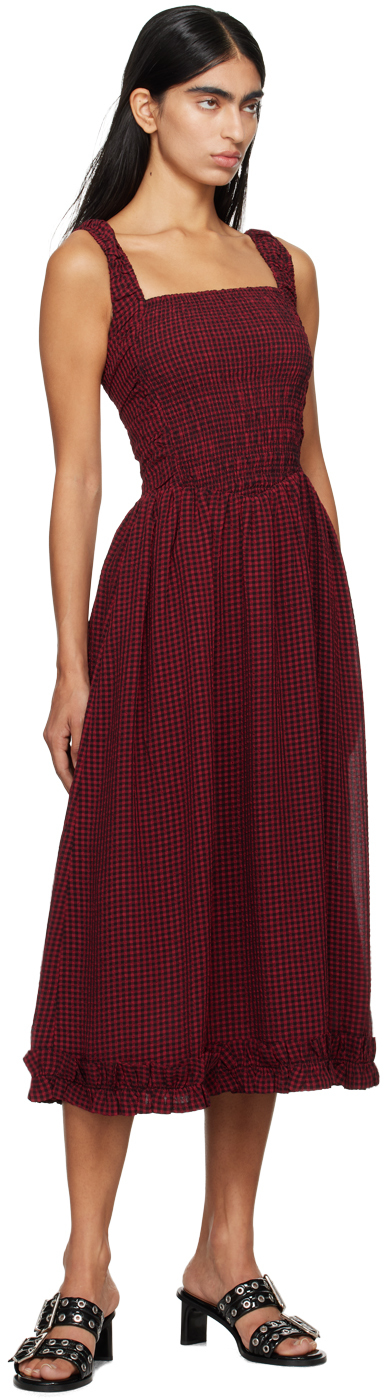 Ganni Red & Black Strap Smock Midi Dress In 047 Winery