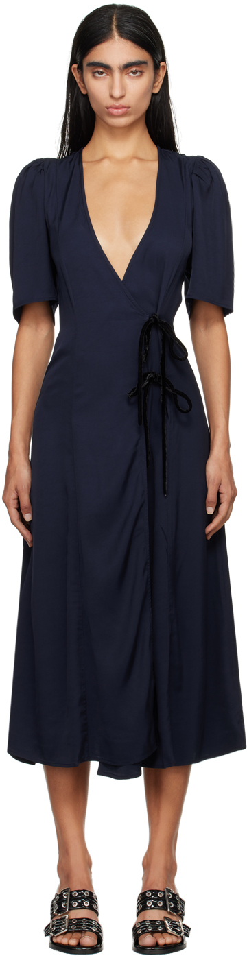 Shop Ganni Navy Wrap Midi Dress In 683 Sky Captain