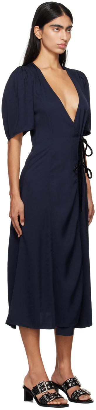 Ganni Checkered Seersucker Gathered Midi Wrap Dress In 683 Sky Captain