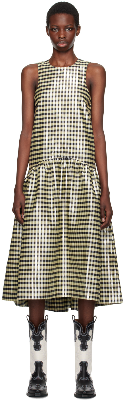 Shop Ganni Yellow Shiny Gingham Midi Dress In 198 Lemon Icing