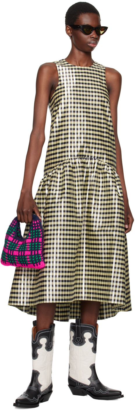 Ganni Shiny Check Jacquard Midi Dress Lemon Icing In 198 Lemon Icing