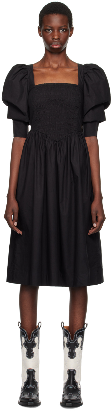 Shop Ganni Black Smocked Midi Dress In 099 Black