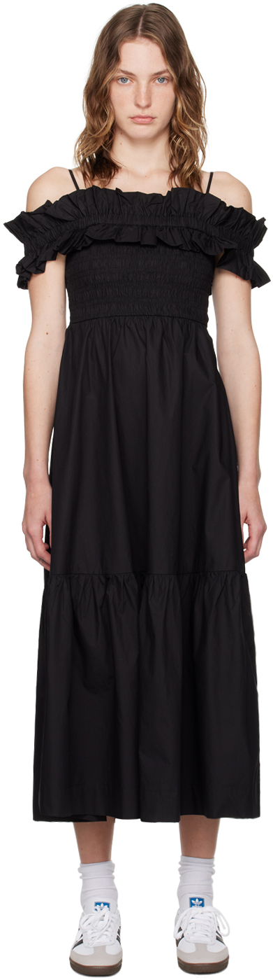 GANNI: Black Shirred Midi Dress | SSENSE