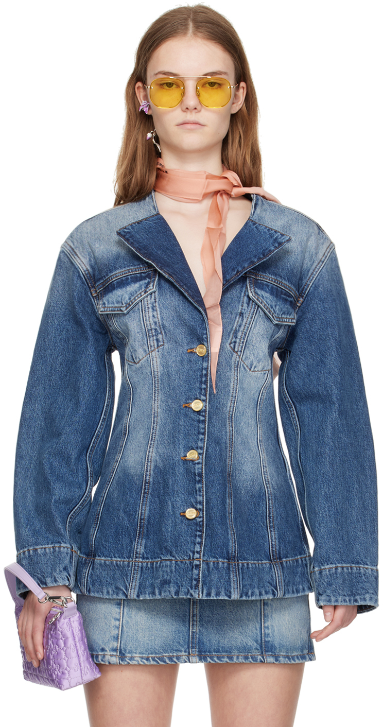 Blue Sparkle Denim Blazer by GANNI on Sale