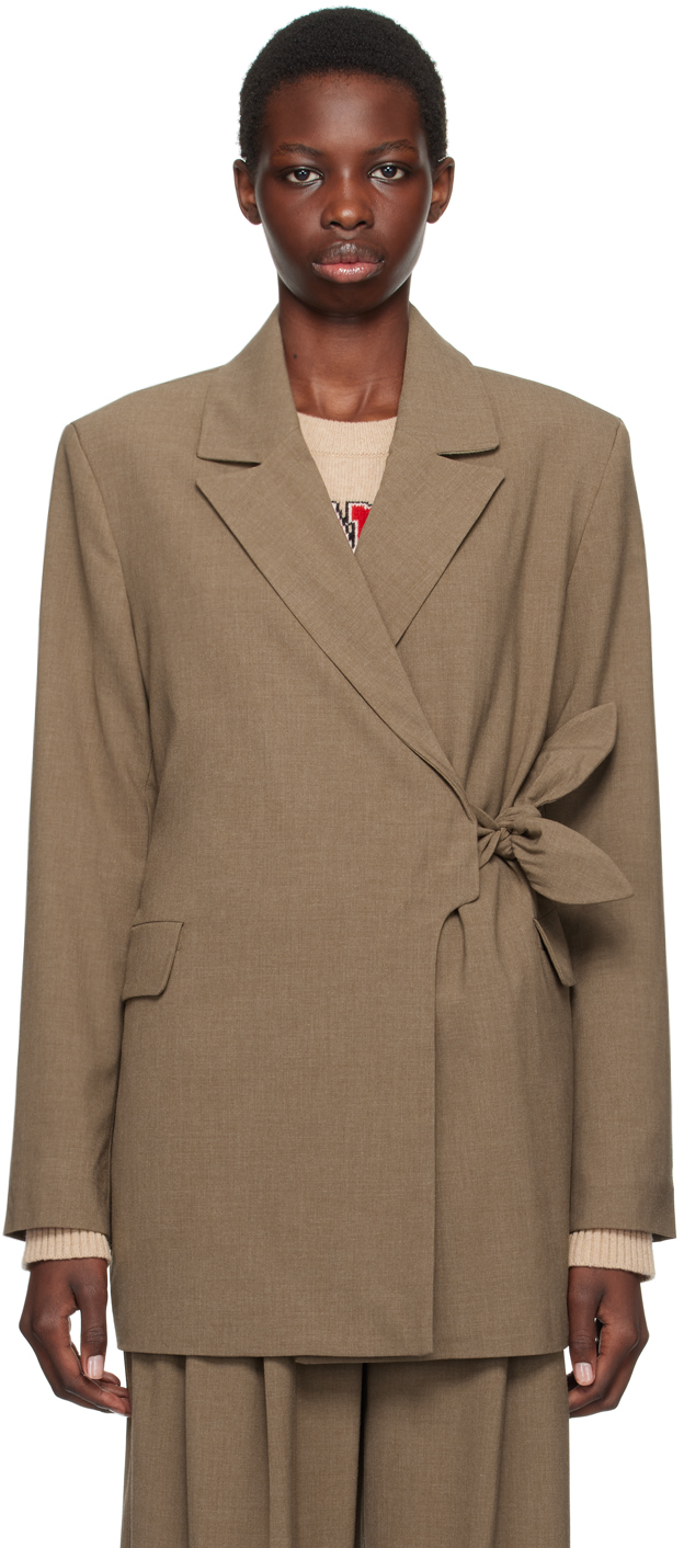 Shop Ganni Beige Drapey Knot Belt Blazer In 886 Shitake