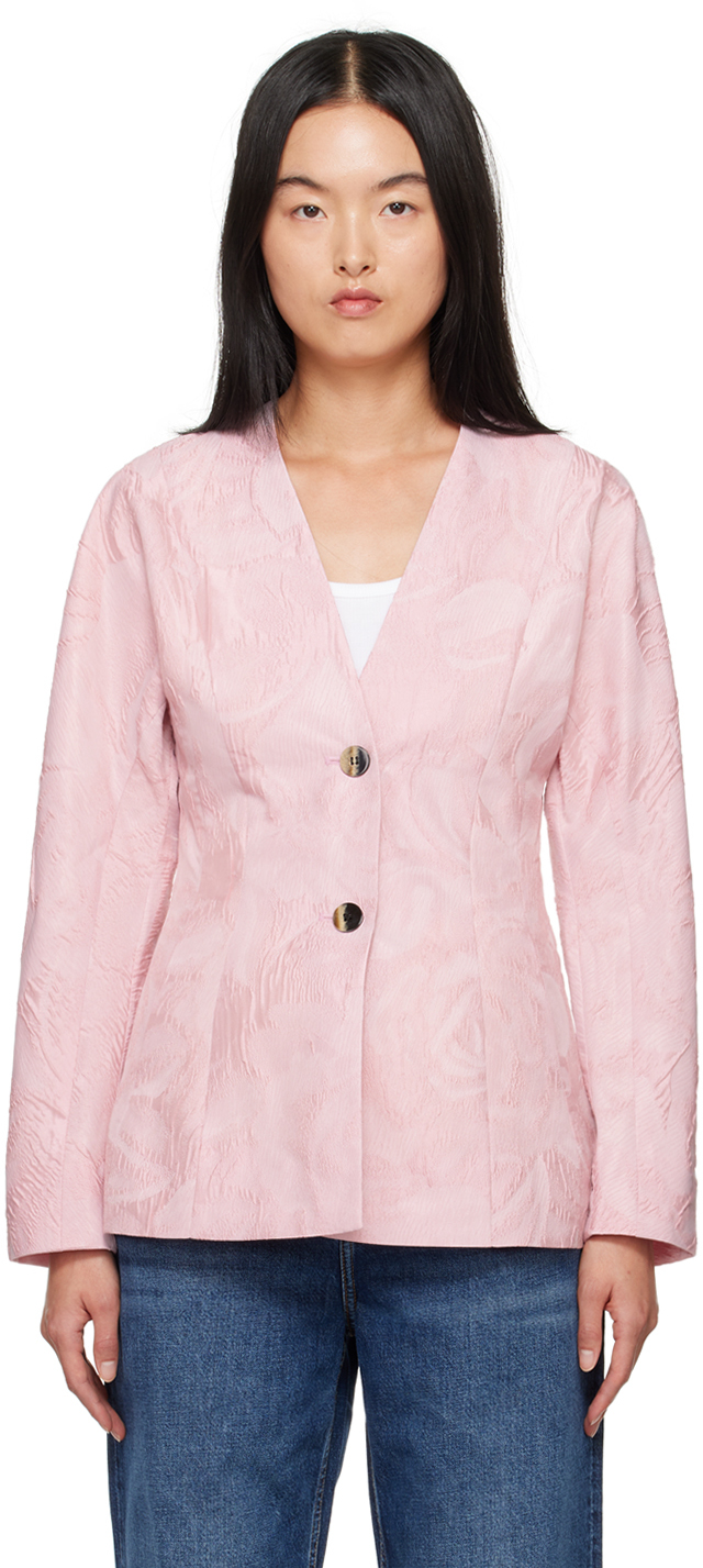 Shop Ganni Pink Curve Sleeve Blazer In 038 Bleached Mauve