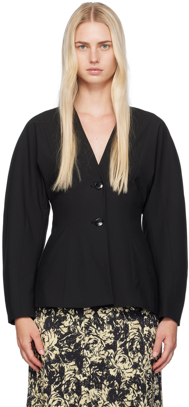 Shop Ganni Black V-neck Blazer In 099 Black