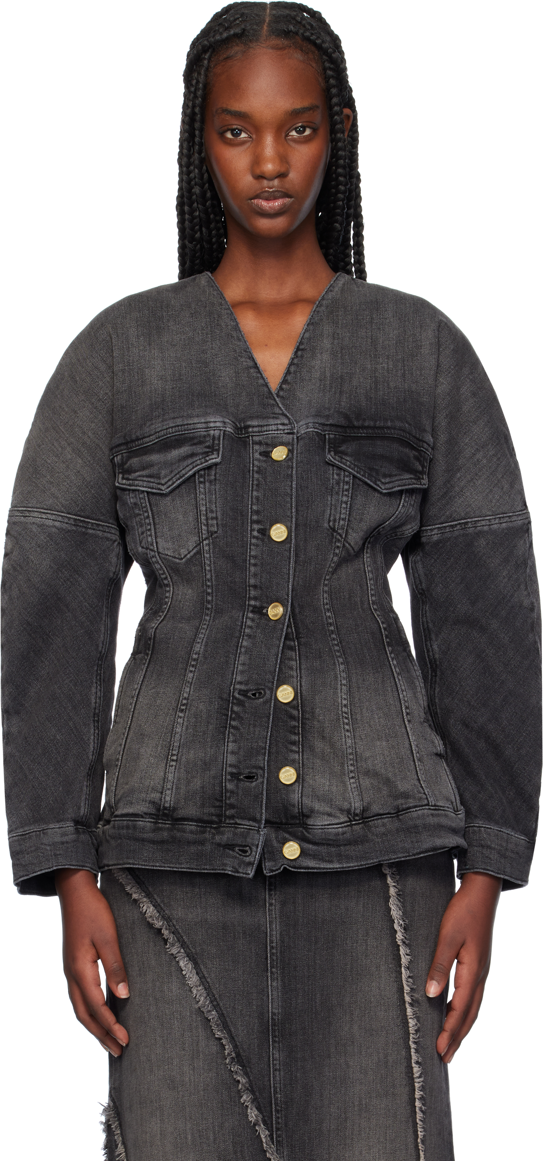 GANNI: Black Collarless Denim Jacket | SSENSE