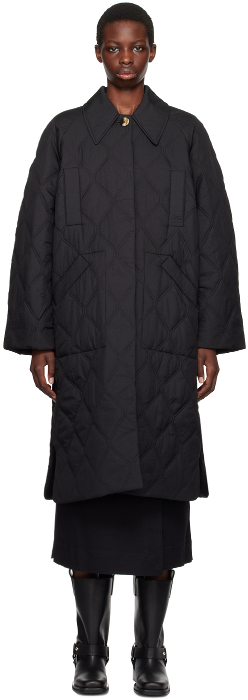 Shop Ganni Black Quilted Coat In 099 Black