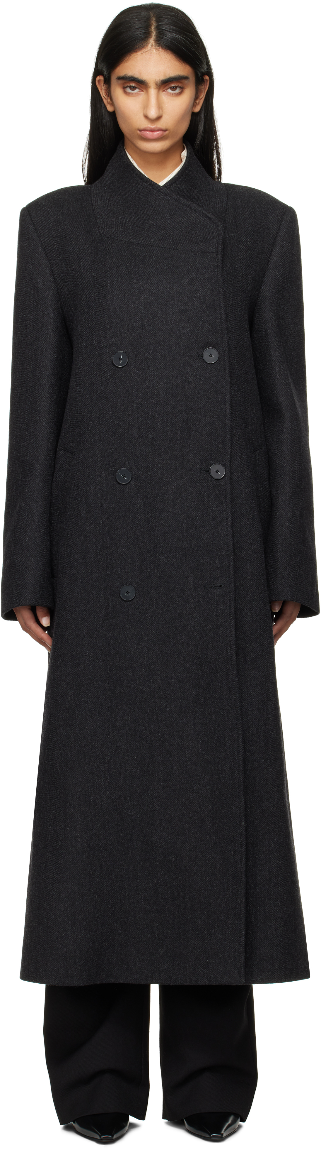 Shop Rohe Gray Folded Collar Double Breasted Coat In 011 Charcoal Herring