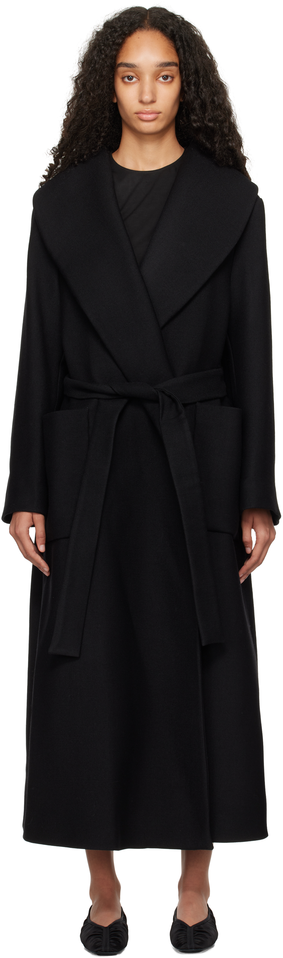 Róhe Black Shawl Collar Wrap Coat