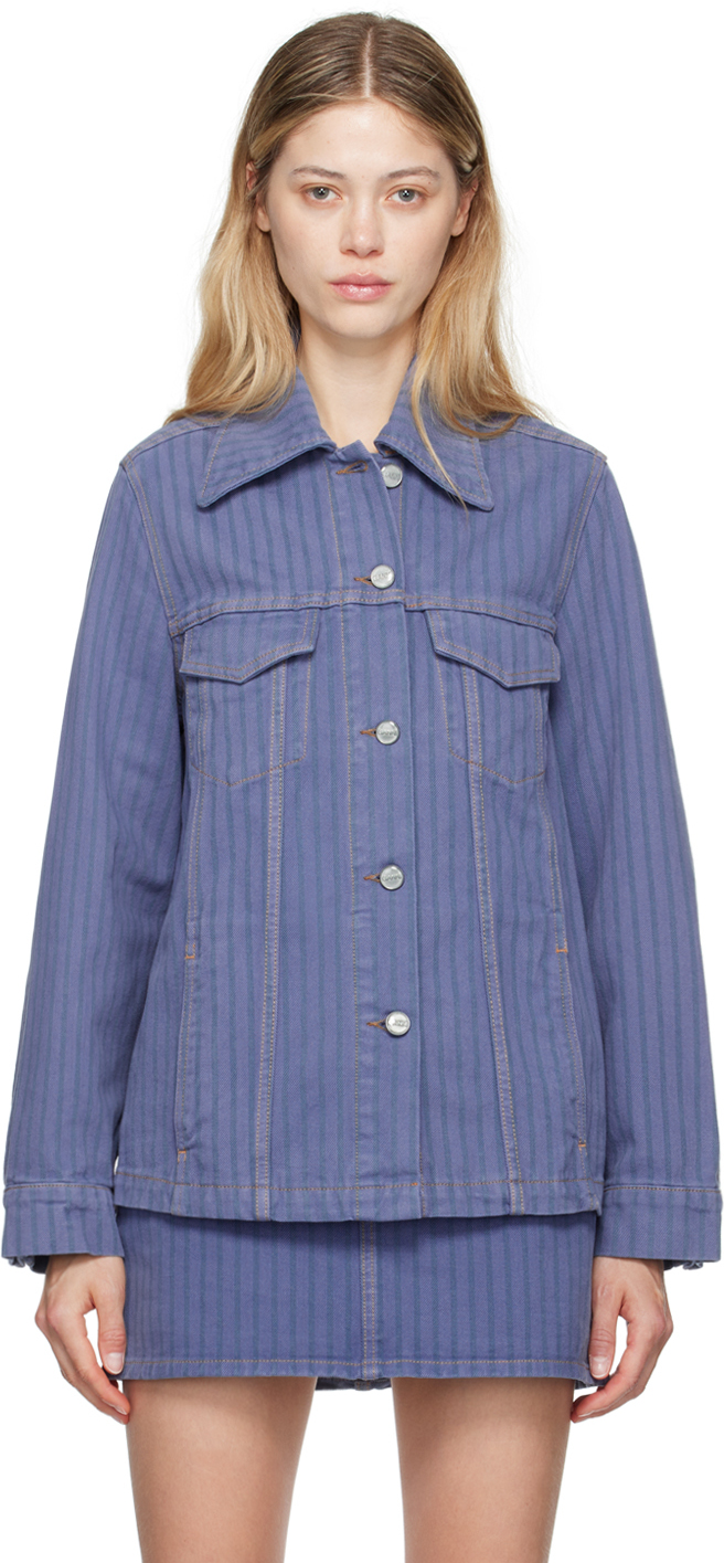 Shop Ganni Blue Stripe Overdyed Denim Jacket In 083 Country Blue