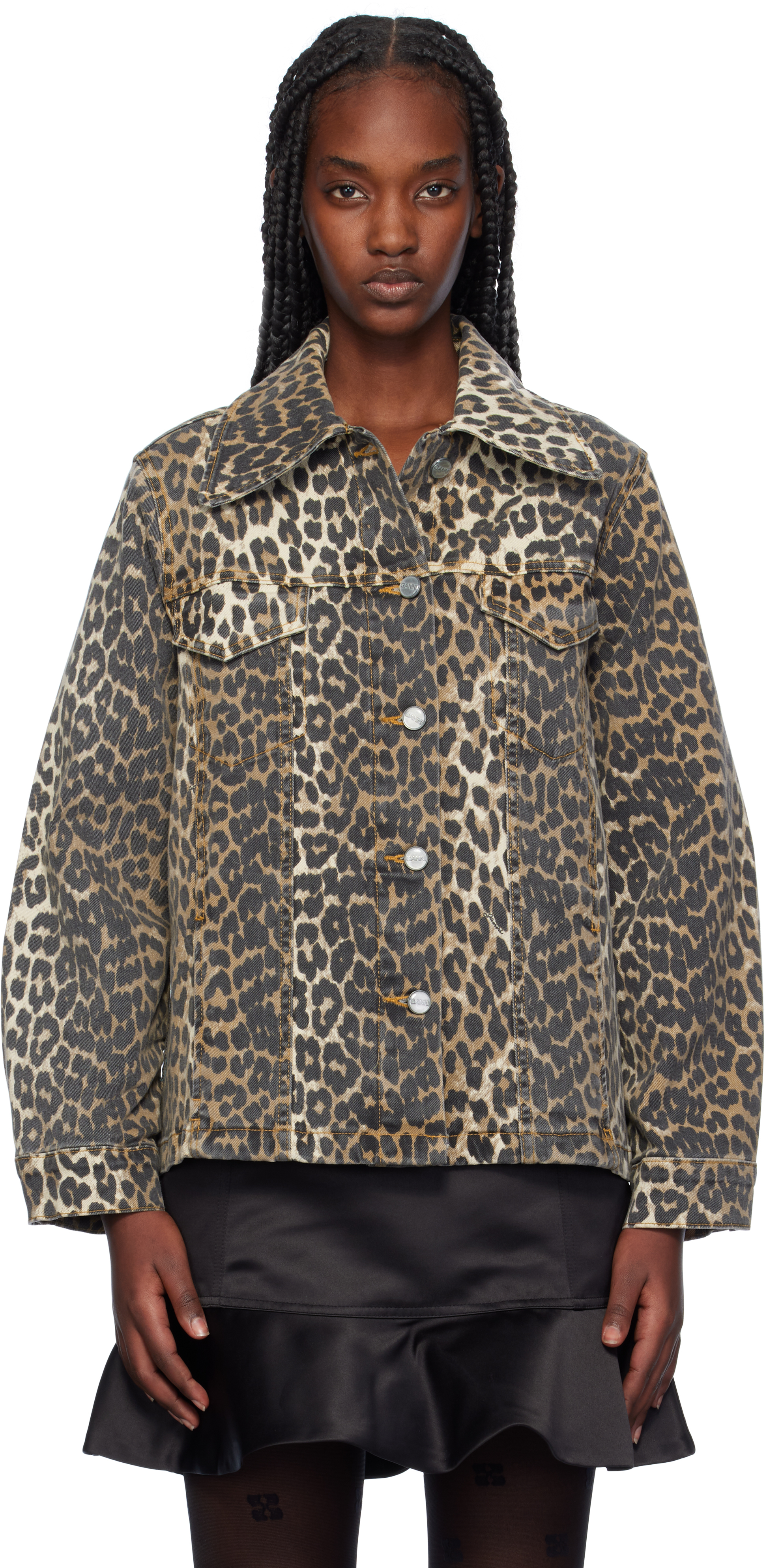 Shop Ganni Beige & Brown Leopard Printed Denim Jacket In 943 Leopard