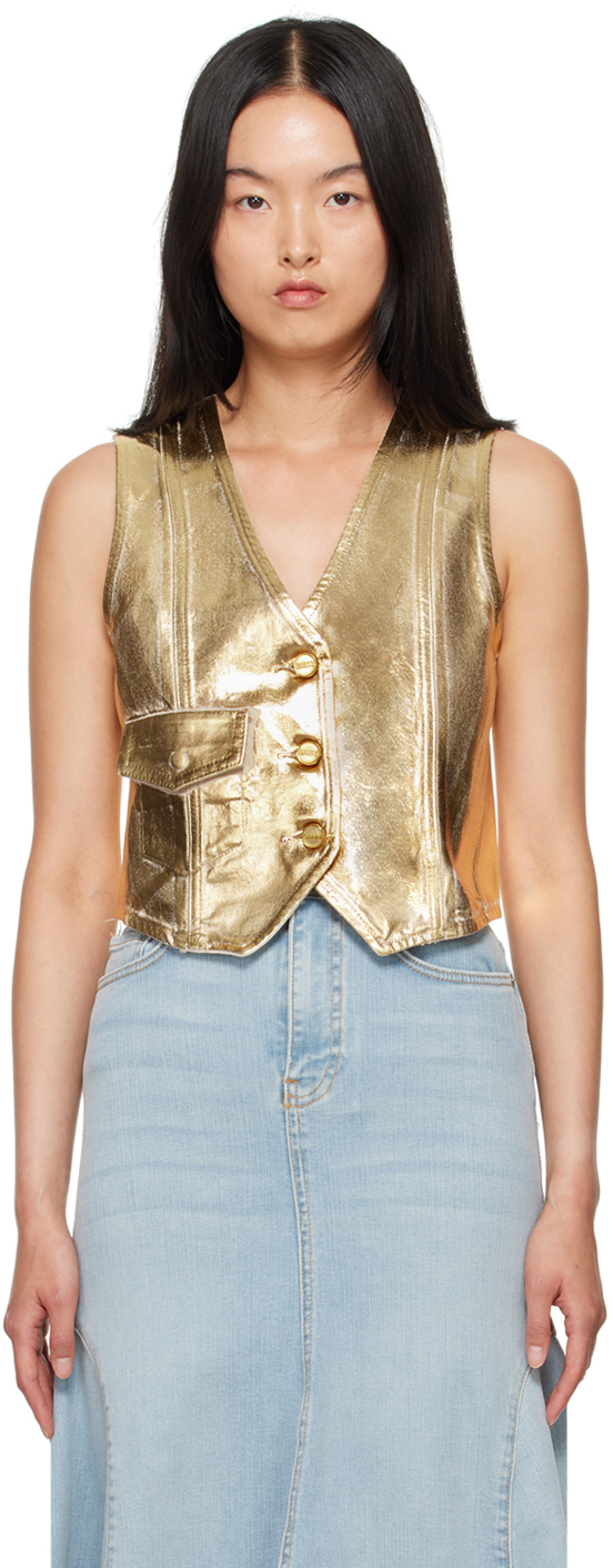 Shop Ganni Gold Foil Denim Vest In 135 Egret