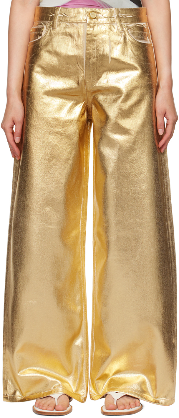 Shop Ganni Gold Foil Wide Jeans In 135 Egret