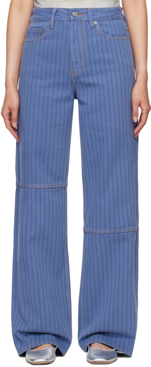 Shop Ganni Blue Stripe Izey Jeans In 083 Country Blue