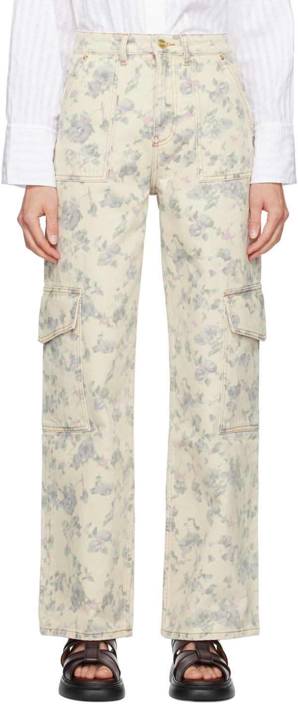 Shop Ganni Off-white Floral Printed Angi Jeans In 795 Tofu