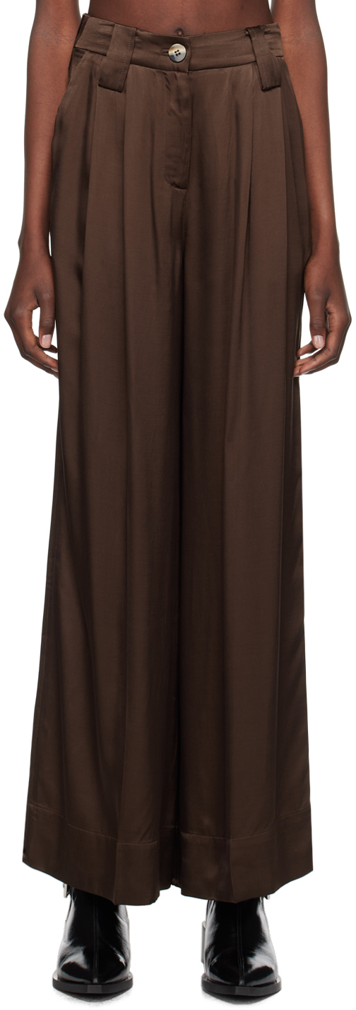 Brown Washed Satin Flared Trousers