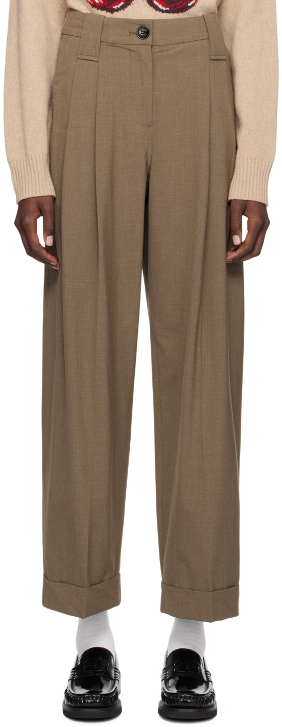 Shop Ganni Beige Drapey Pleated Trousers In 886 Shitake