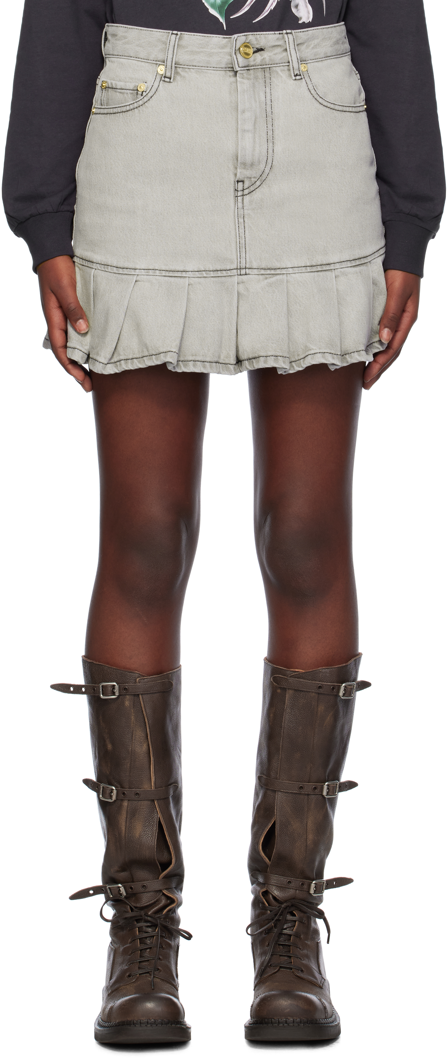 Ganni Gray Pleated Future Denim Miniskirt In 084 Gray Quill