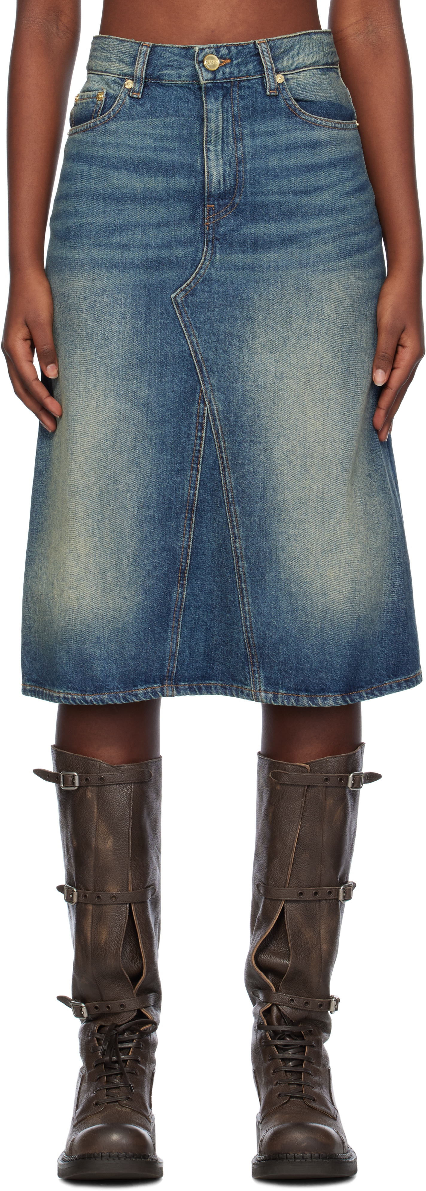 【関税&送料込み】Ganni Washed Denim Skirt Blue Heavy Washed Denim Midi Skirt by GANNI on Sale