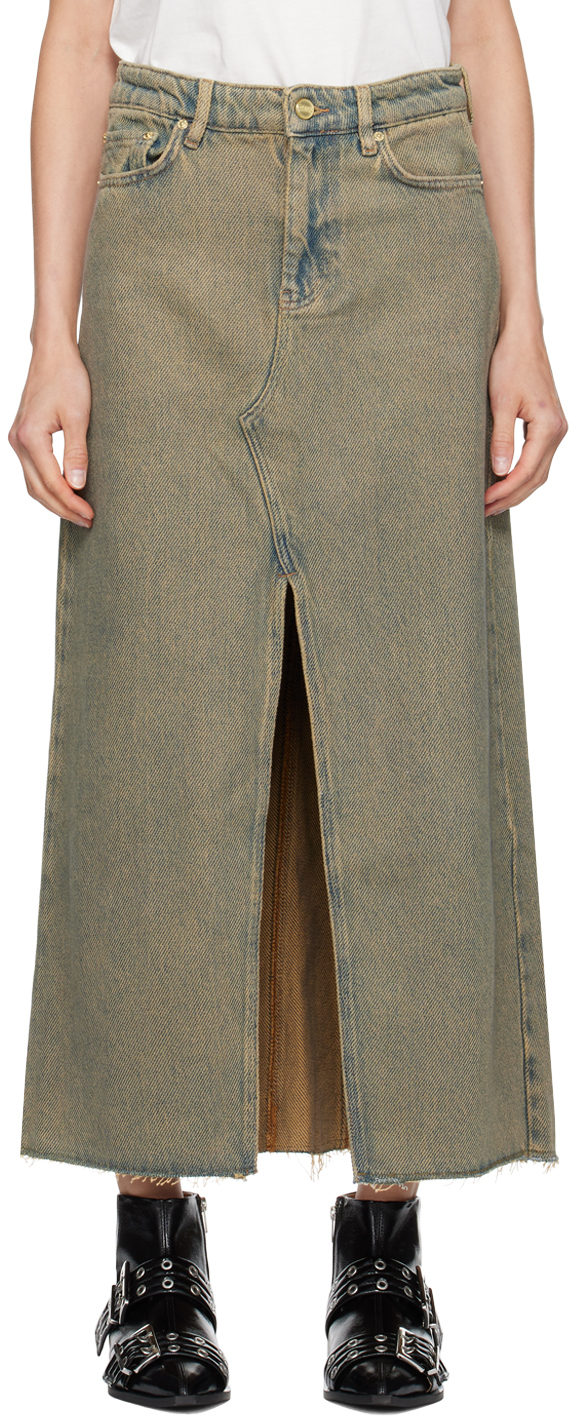 Brown Overdyed Heavy Denim Maxi Skirt by GANNI on Sale