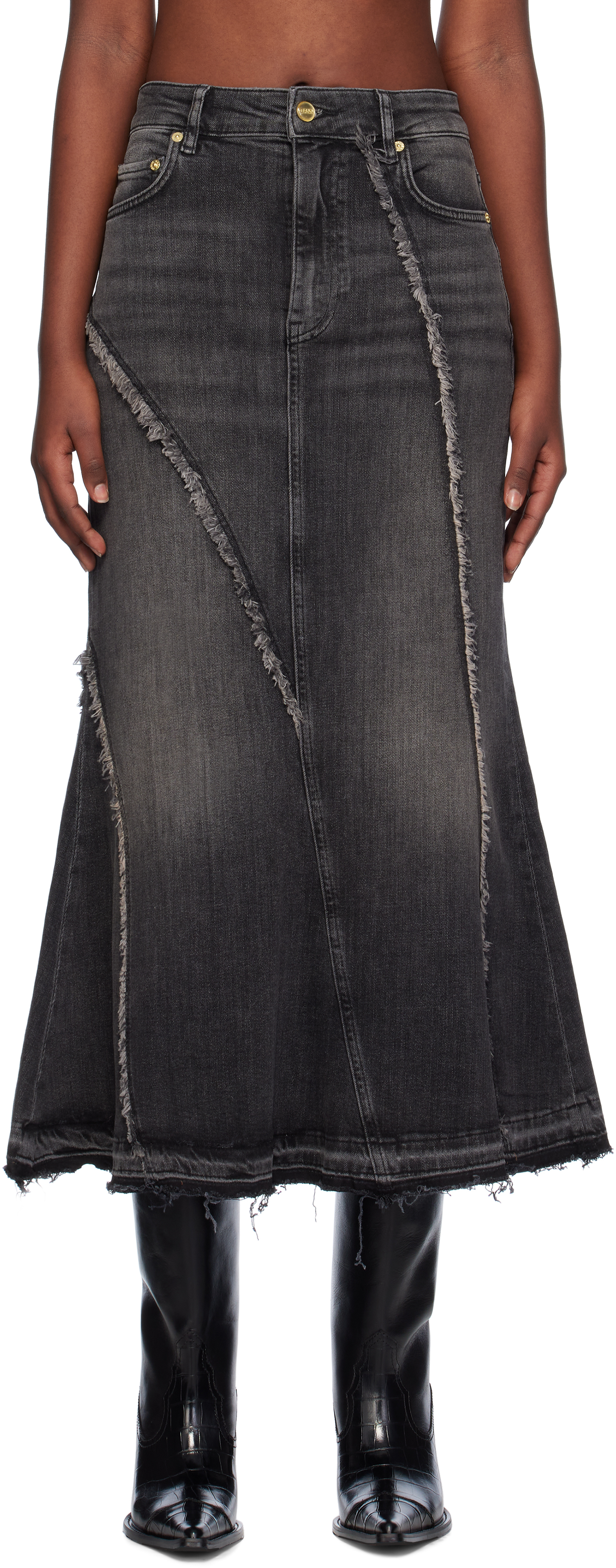 Black Washed Denim Maxi Skirt