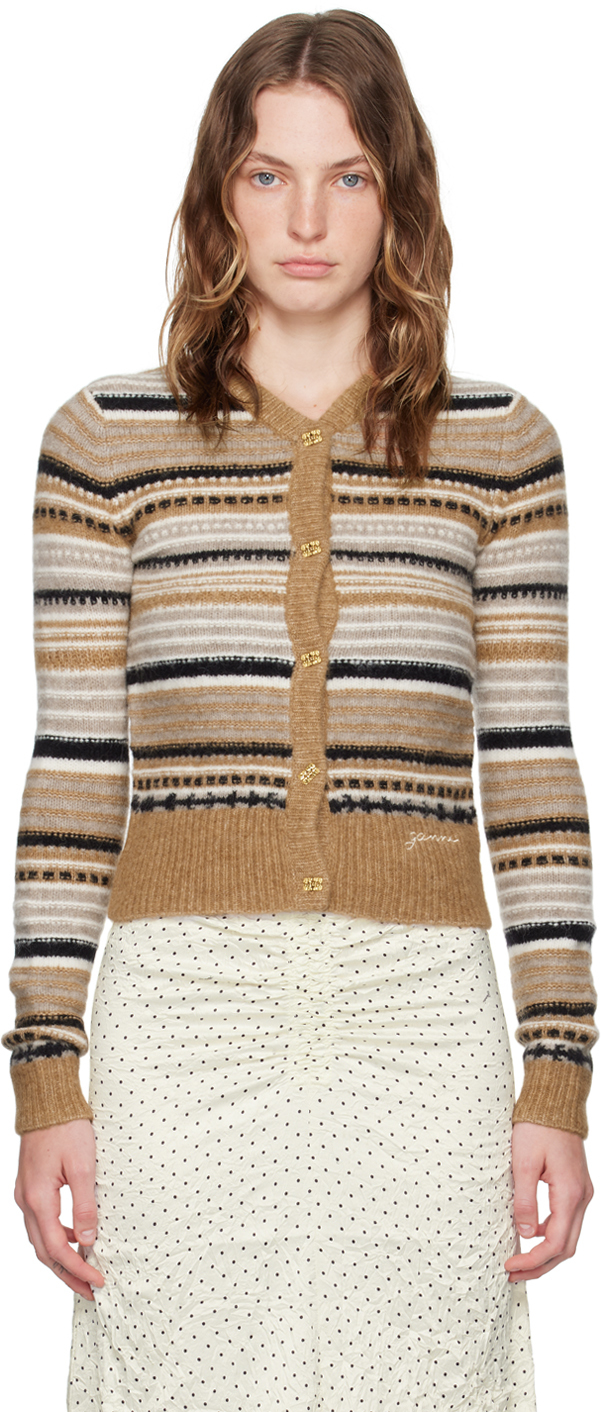 Shop Ganni Brown Striped Cardigan In 177 Tiger's Eye