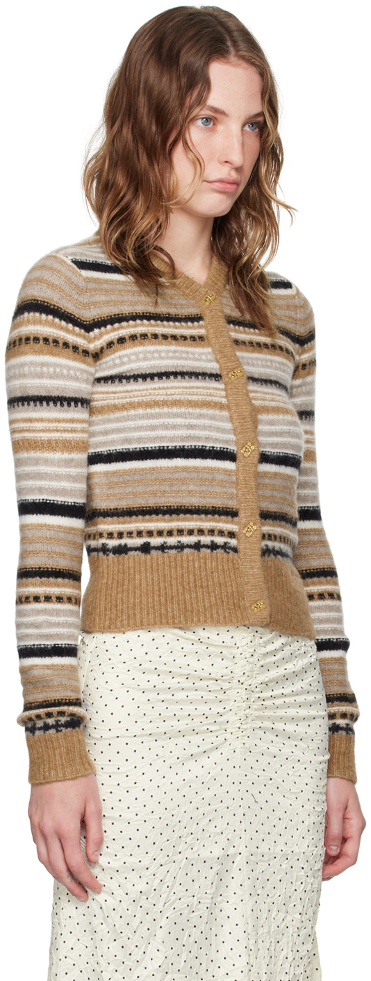 Ganni Multicolor Striped Cardigan With Logo Embroidery In Wool Woman In 177 Tiger's Eye