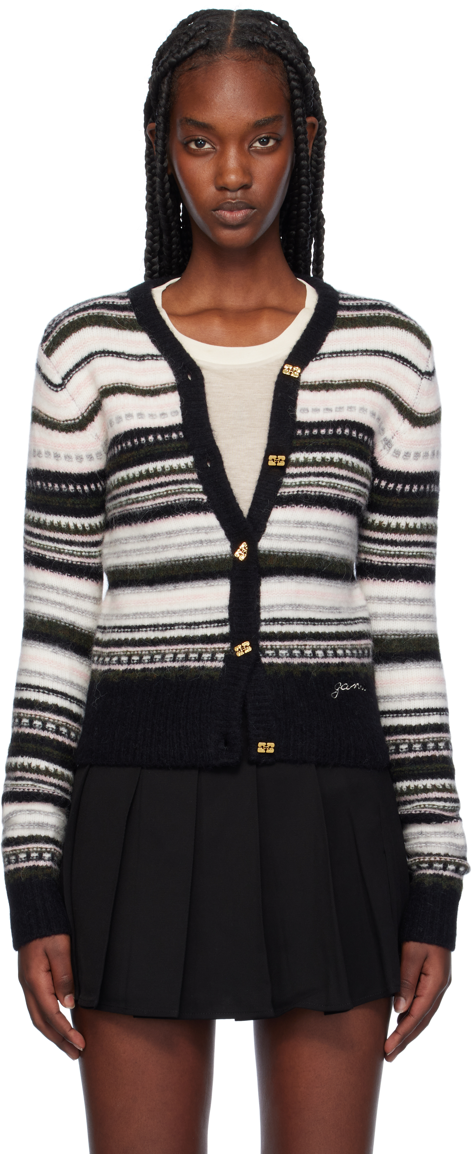 Shop Ganni Black Stripe Cardigan In 099 Black