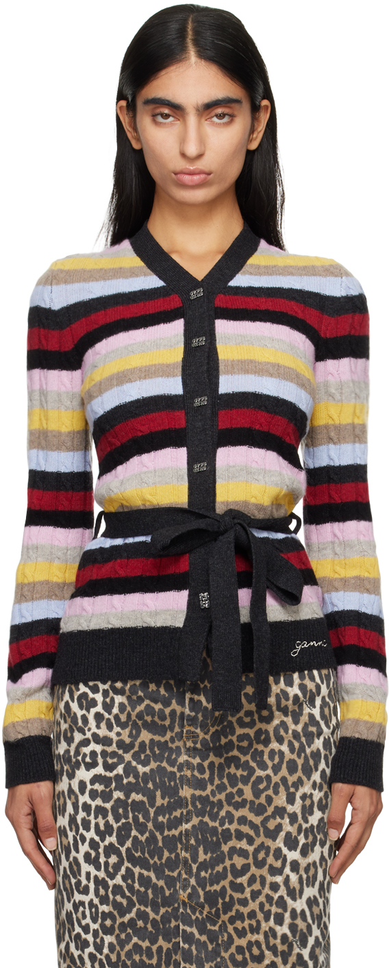 Multicolor Stripe Belt Cardigan