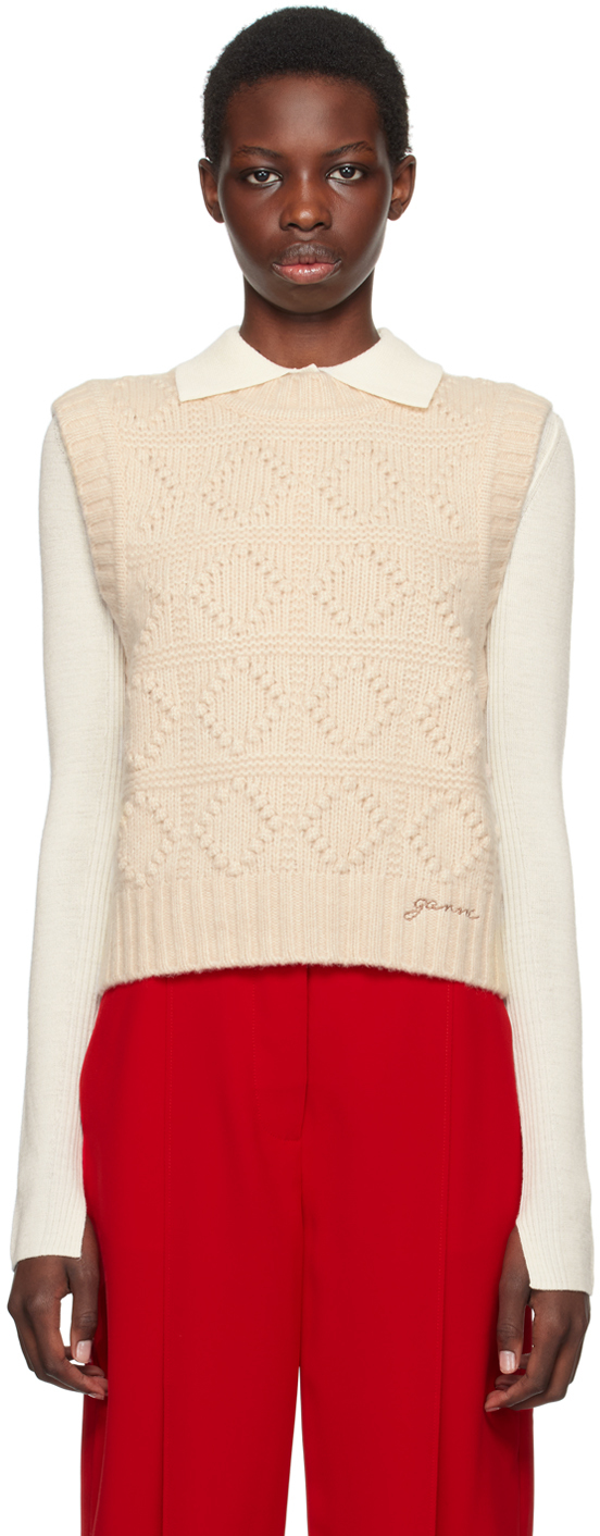 Shop Ganni Beige Cable Knit Vest In 135 Egret