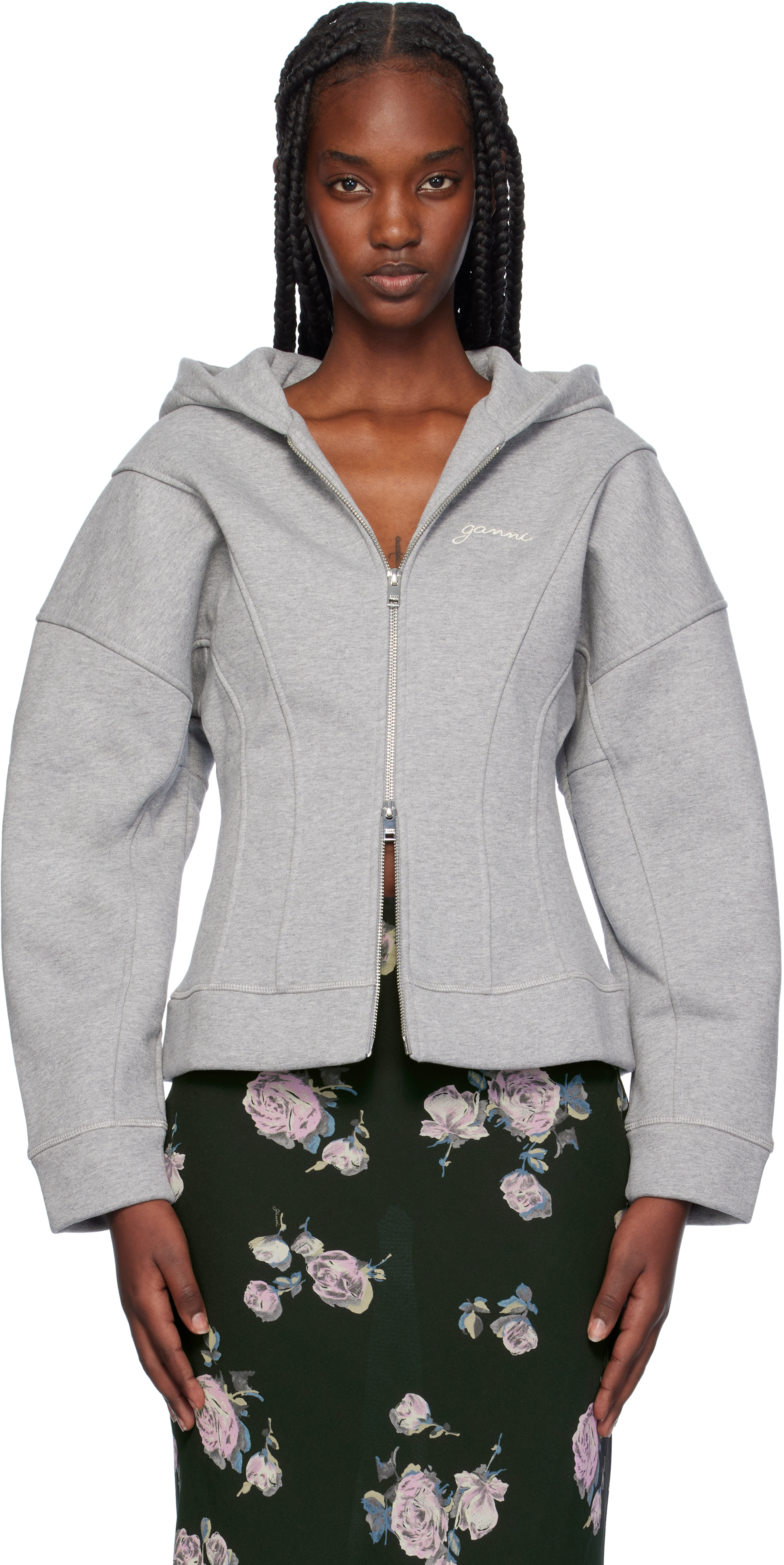 Ganni Gray Fleece Zip Hoodie In 921 Paloma Melange