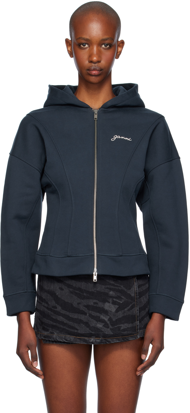 Shop Ganni Navy Fleece Zip Hoodie In 683 Sky Captain