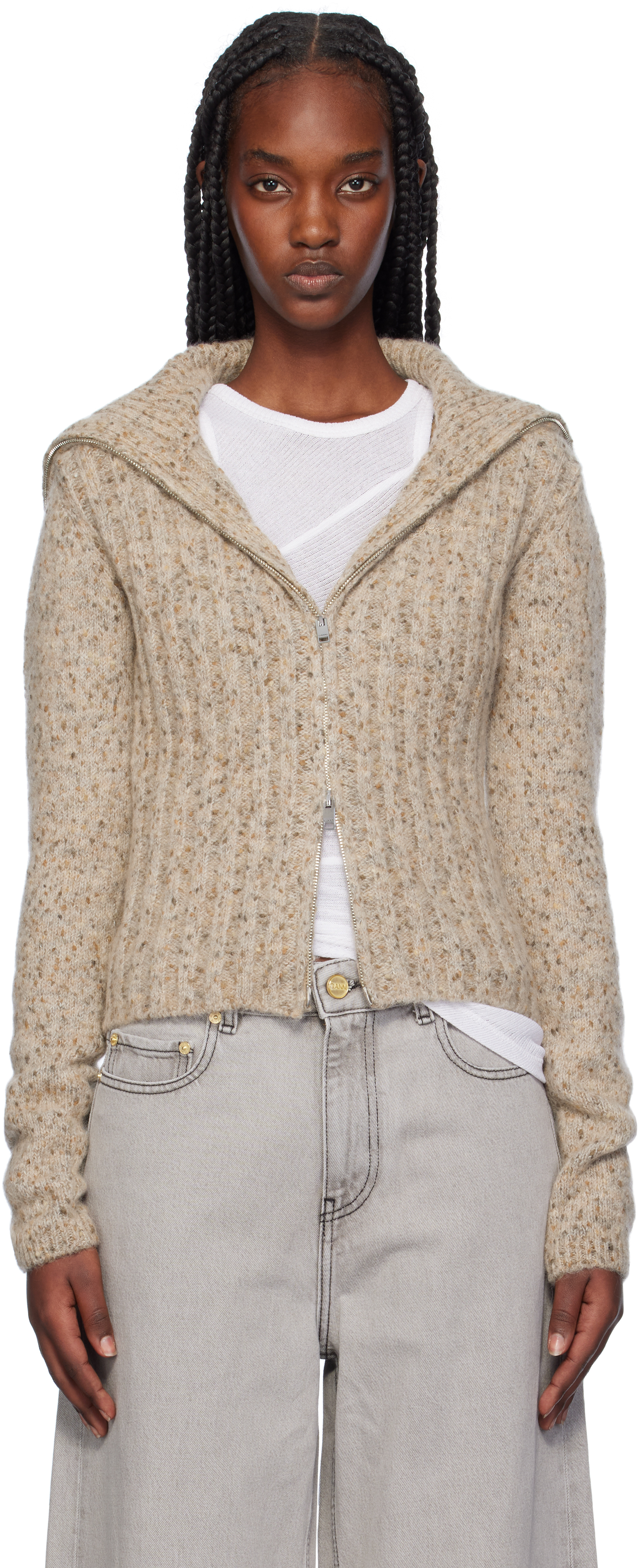 Shop Ganni Beige Highneck Zip Cardigan In 883 Safari