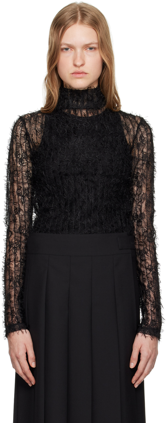 ROHE BLACK TEXTURED SHEER TURTLENECK 