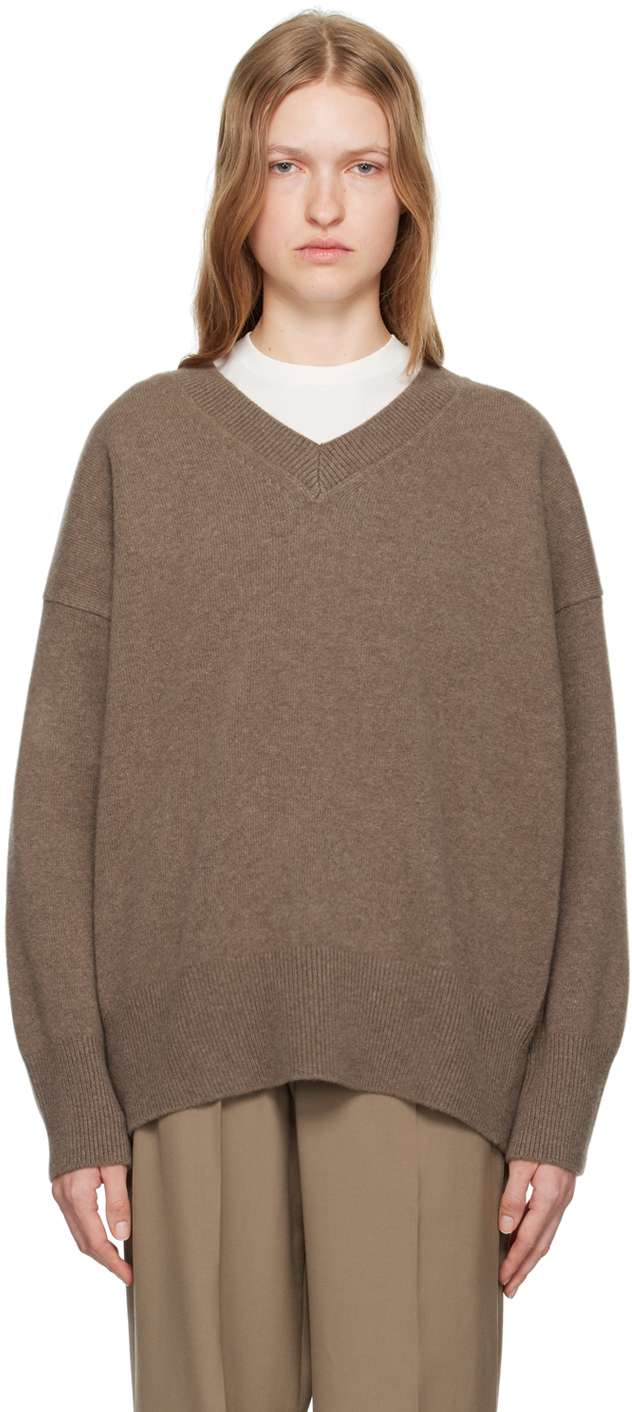 ROHE TAUPE CLASSIC V-NECK SWEATER 