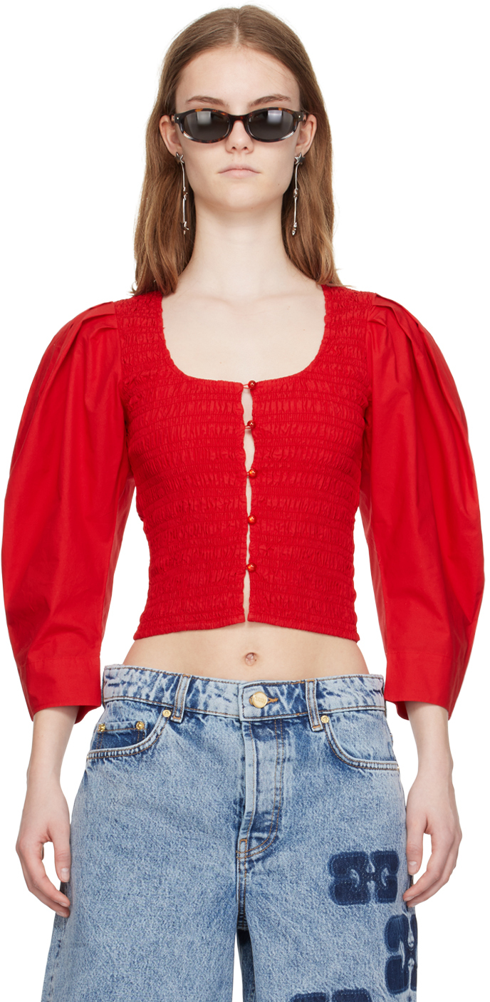 Shop Ganni Red Smocked Blouse In 474 Racing Red
