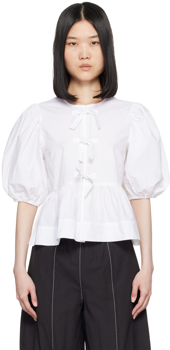 Ganni White Peplum Tie Blouse In 151 Bright White