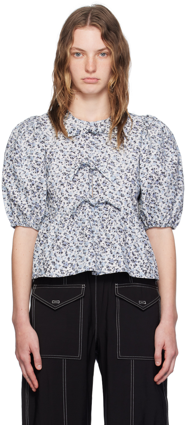 Shop Ganni Blue Floral Printed Peplum Blouse In 561 Glacier Lake