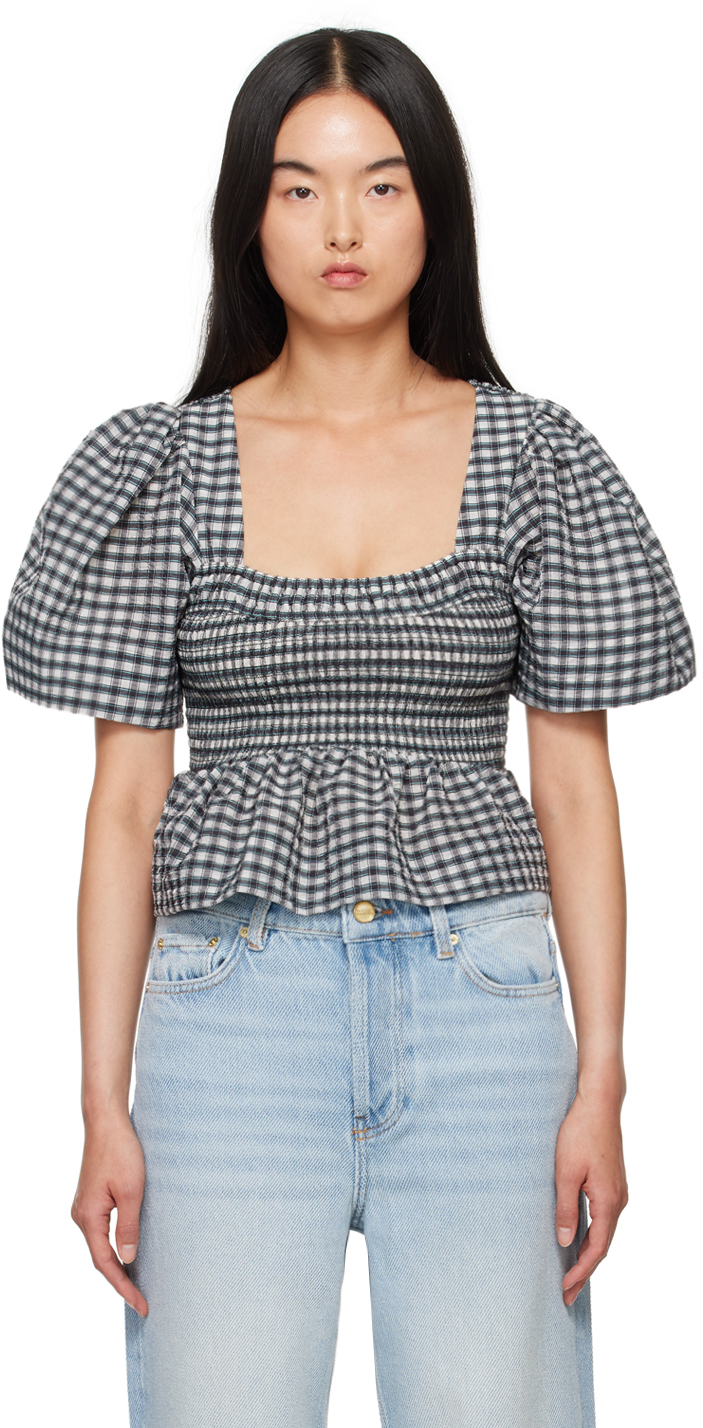 Shop Ganni Off-white & Gray Check Blouse In 135 Egret