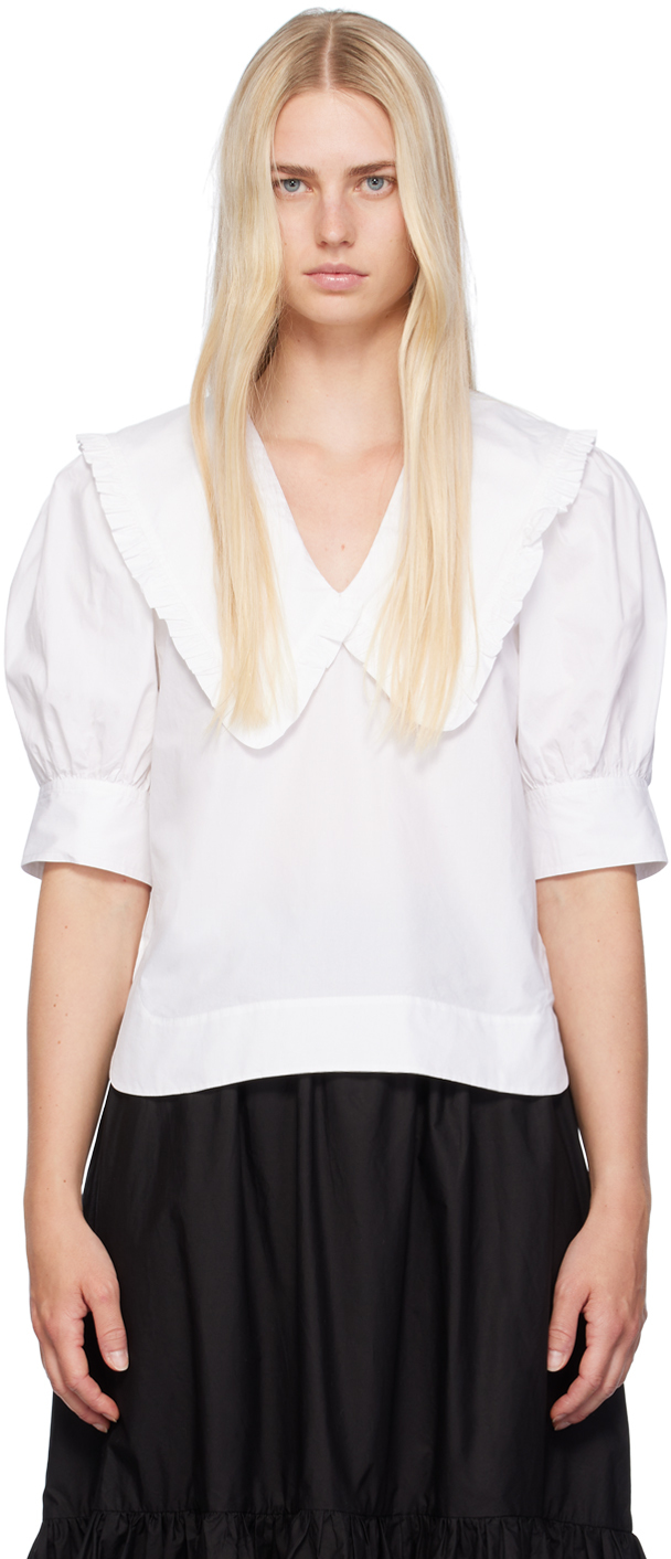 Shop Ganni White V-neck Blouse In 151 Bright White