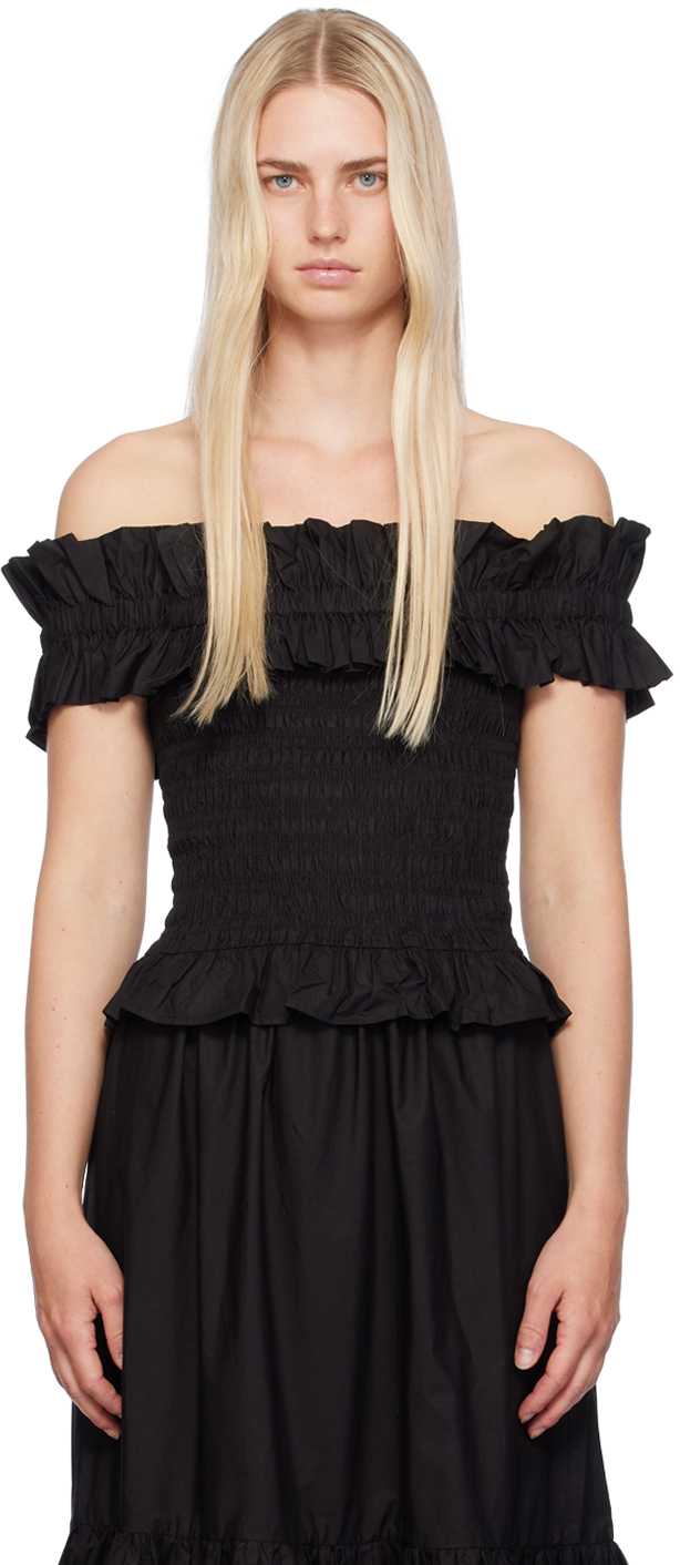 Shop Ganni Black Shirred Blouse In 099 Black