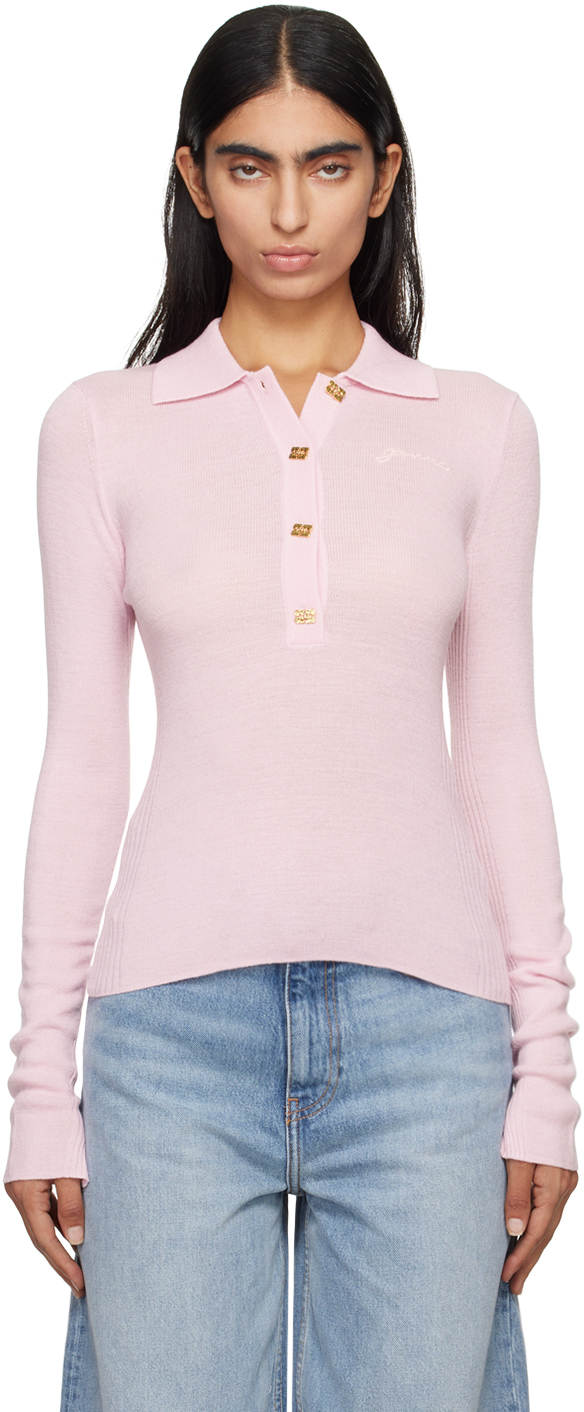 Shop Ganni Pink Button Placket Polo In 868 Chalk Pink