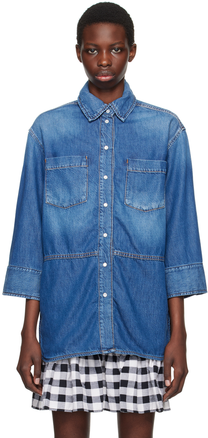 Shop Ganni Blue Oversized Denim Shirt In 567 Mid Blue Vintage