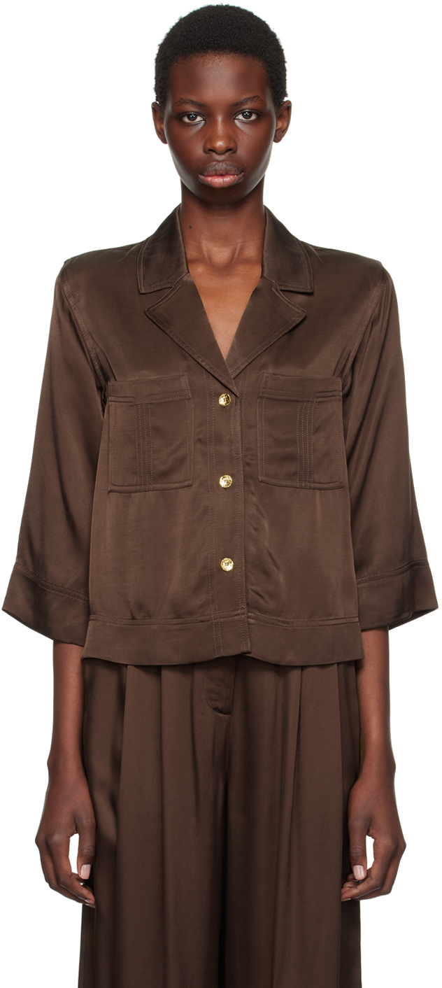 Shop Ganni Brown Satin Crop Shirt In 897 Mole