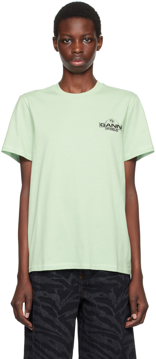 Shop Ganni Green 'world' T-shirt In 073 Aqua Foam